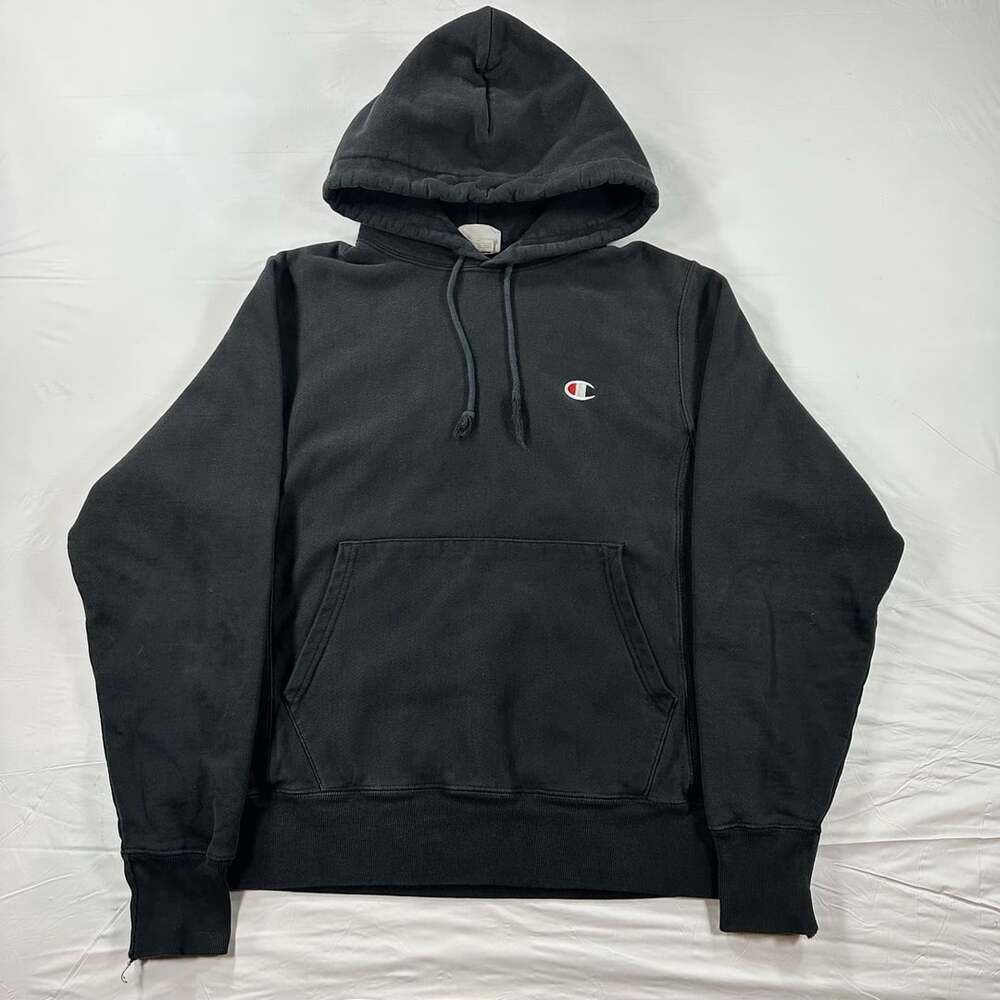 Champion Reverse Weave Hoodie Size Small Black Pullover Sweatshirt Sleeve Logo